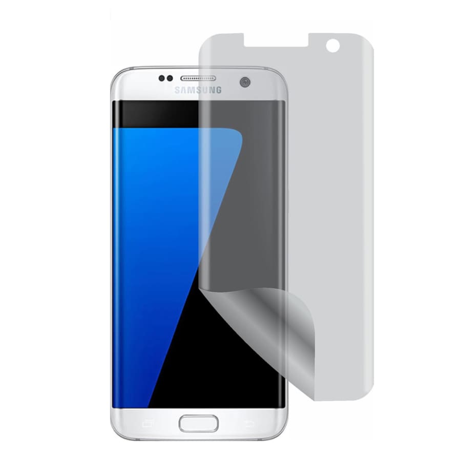 Two 9eight5 hydrogel screen protectors for Samsung Galaxy S7 Edge, showing the clear, flexible protective film on the device.