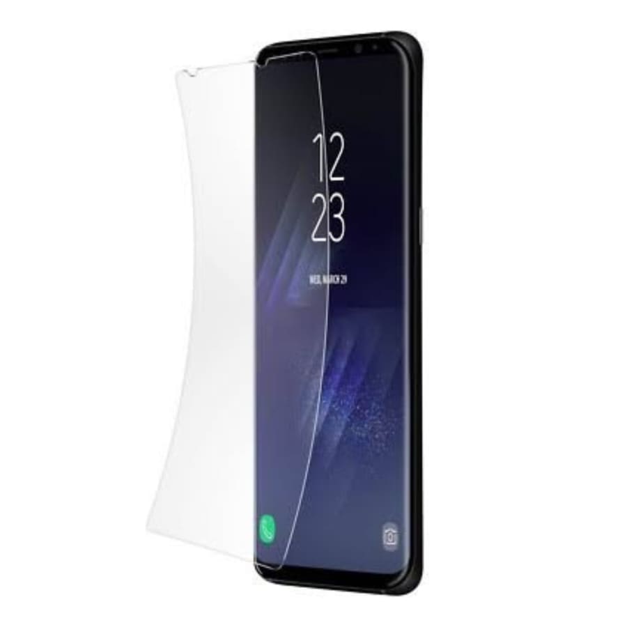 Hydrogel film screen protector for Samsung Galaxy S9 Plus by 9eight5, showing a clear protective layer on the phone screen.