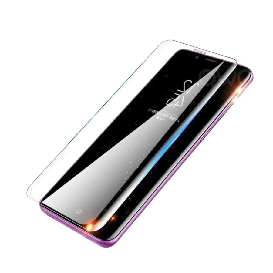 Clear 9eight5 screen protector for Samsung Galaxy S9, showing a transparent glass cover fitting over the phone screen.