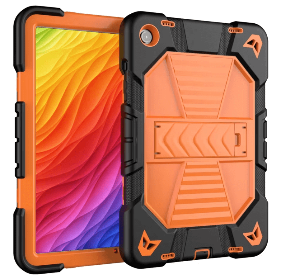 Techplus Samsung Galaxy Tab A11 rugged shockproof case with kickstand in orange, showing front view with textured grip and adjustable stand.