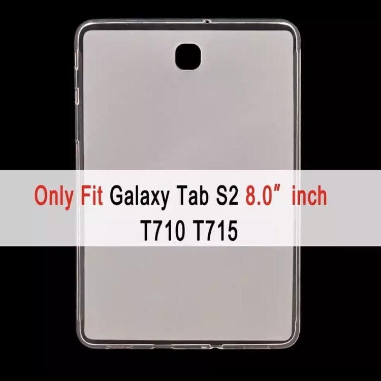 Clear silicone cover for Samsung Galaxy Tab S2 8.0-inch T710/T715/T719 by 9eight5, showing snug fit and flexible material.