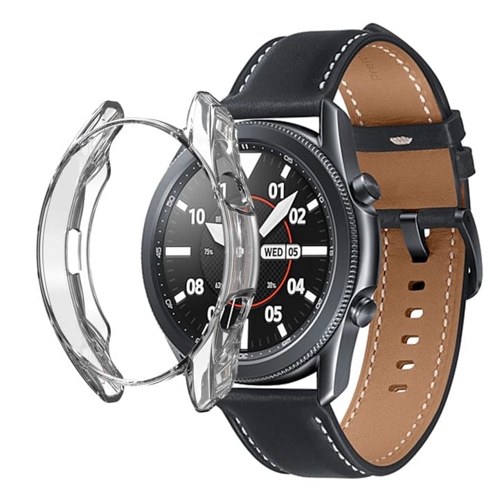 Clear protective case for Samsung Galaxy Watch 3 41mm, made by That Watch Shop, shown fitted on the watch in the image.
