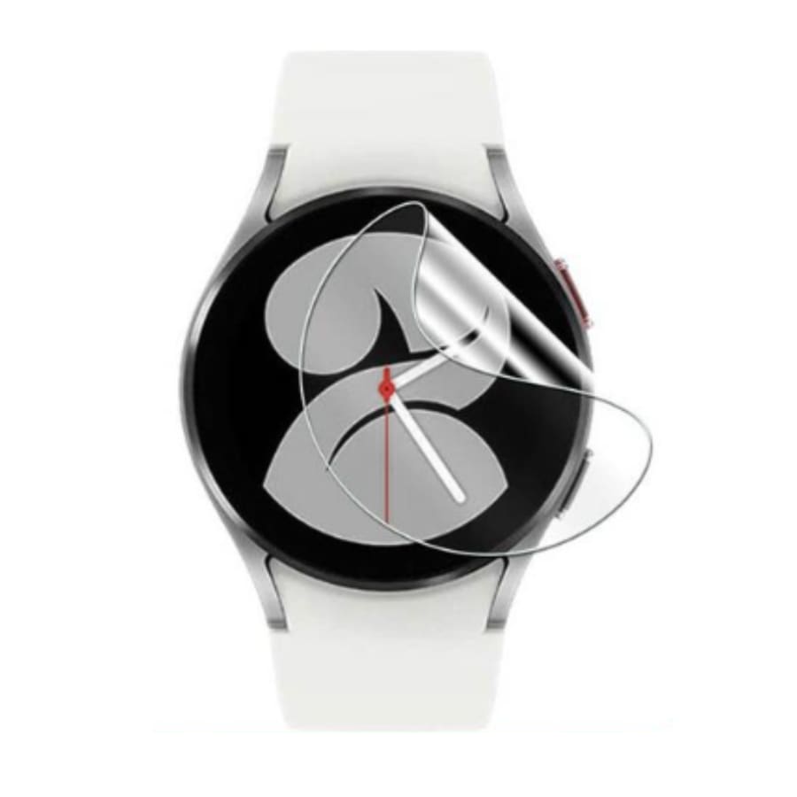 Samsung Galaxy Watch 4 44mm hydrogel screen protectors, pack of 6, showing clear, flexible protective film on watch screen.
