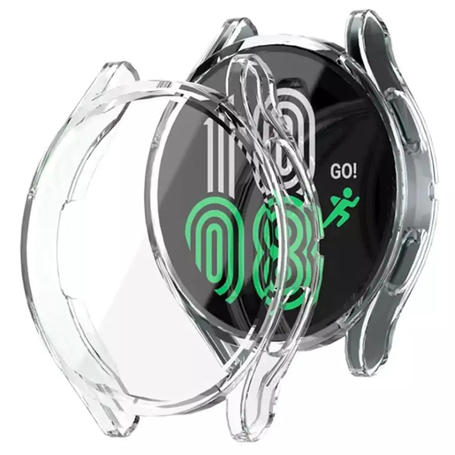 Clear Habicare protective case for Samsung Galaxy Watch 42mm, showing the slim, transparent design fitted around the watch face.