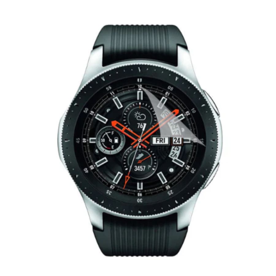 Hydrogel screen protectors for Samsung Galaxy Watch 46mm from That Watch Shop, pack of 4, showing the transparent protectors on the watch face.