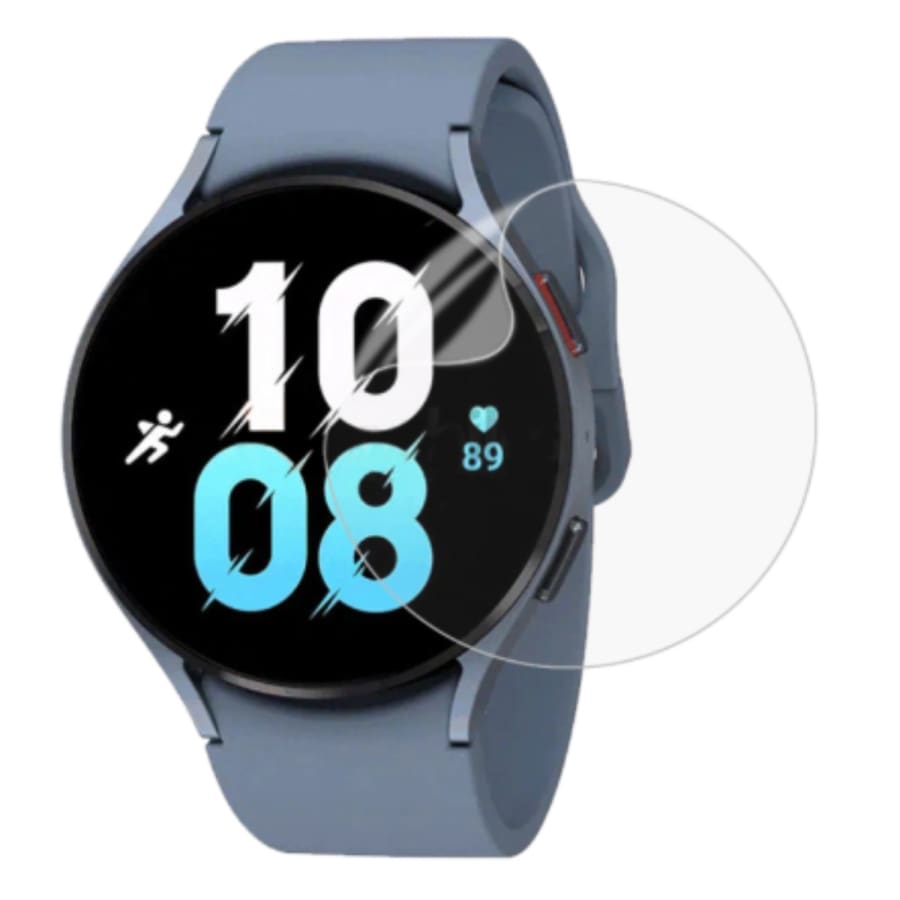 Hydrogel screen protectors for Samsung Galaxy Watch 5 44mm, pack of 6, showing blue-tinted protectors on watch screens