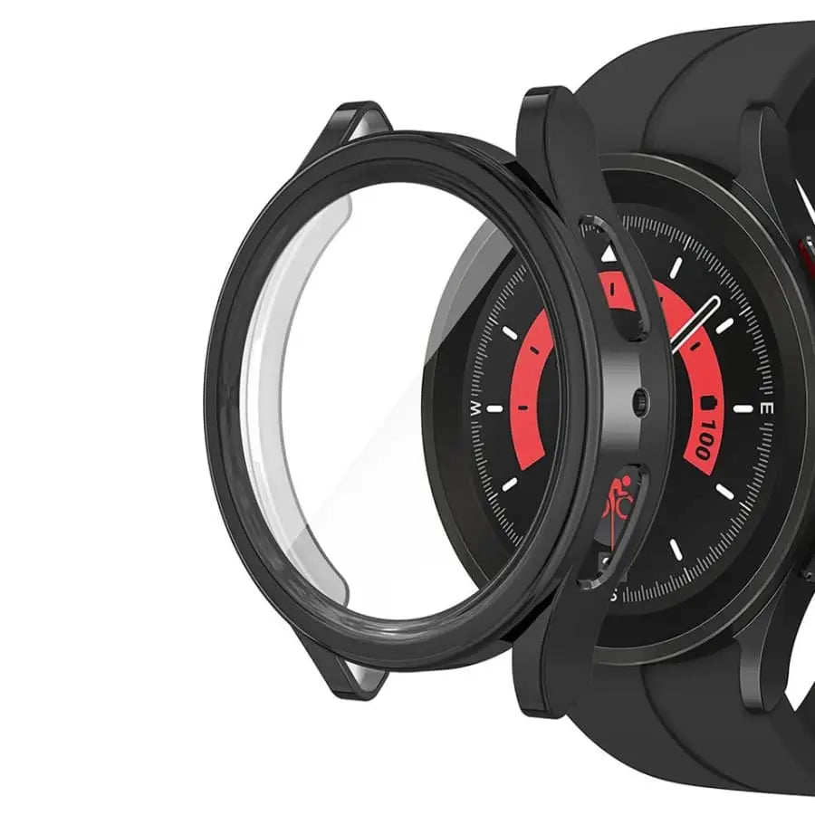 Black Habicare protective case for Samsung Galaxy Watch 5 Pro 45mm, showing the durable watch case covering the device.