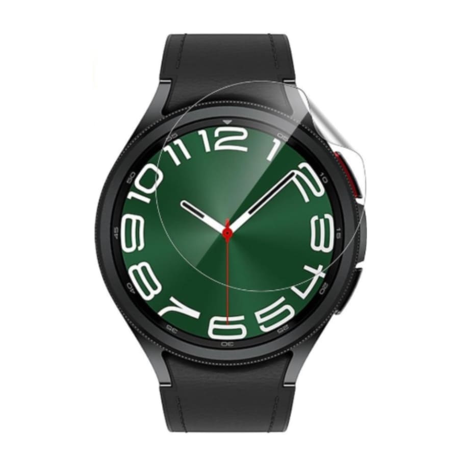 Hydrogel screen protectors for Samsung Galaxy Watch 6 Classic 47mm, pack of 6, showing the clear protectors fitting the watch face.