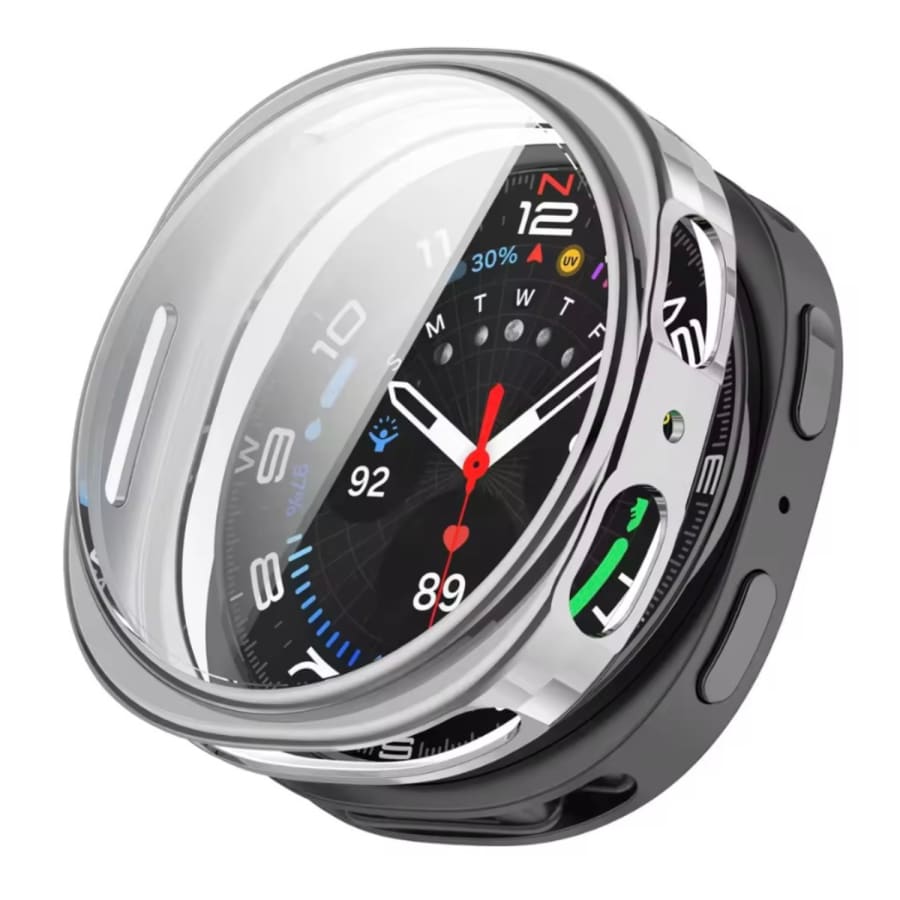 Samsung Galaxy Watch 8 (44mm) silver protective case with clear screen protector, designed to safeguard the watch display.