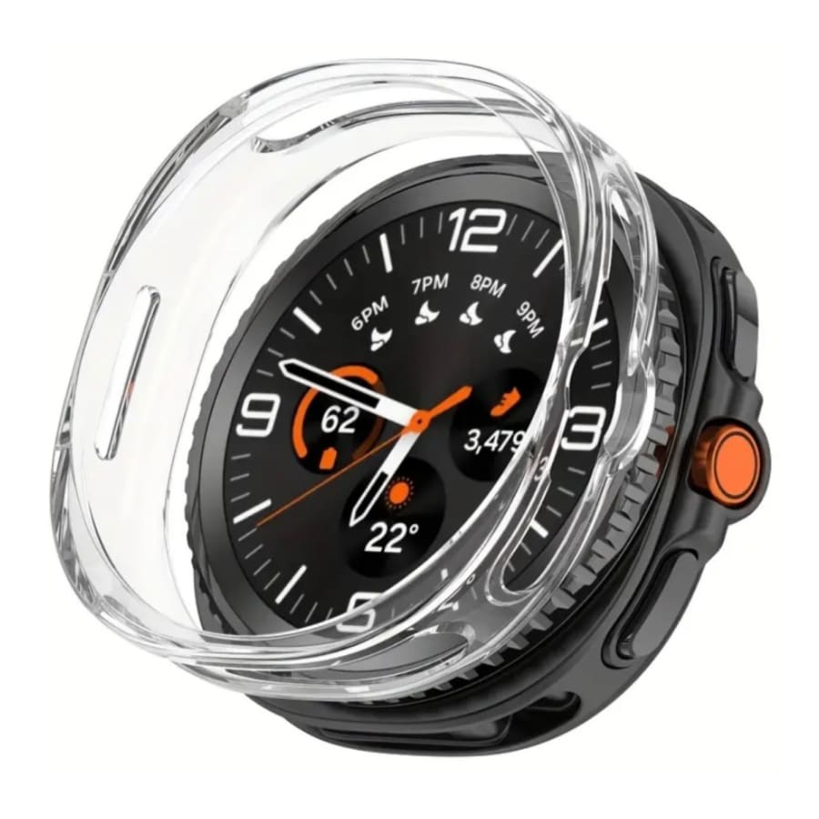 Clear protective case for Samsung Galaxy Watch 8 Classic with screen protector, showcasing a transparent design for added device protection.