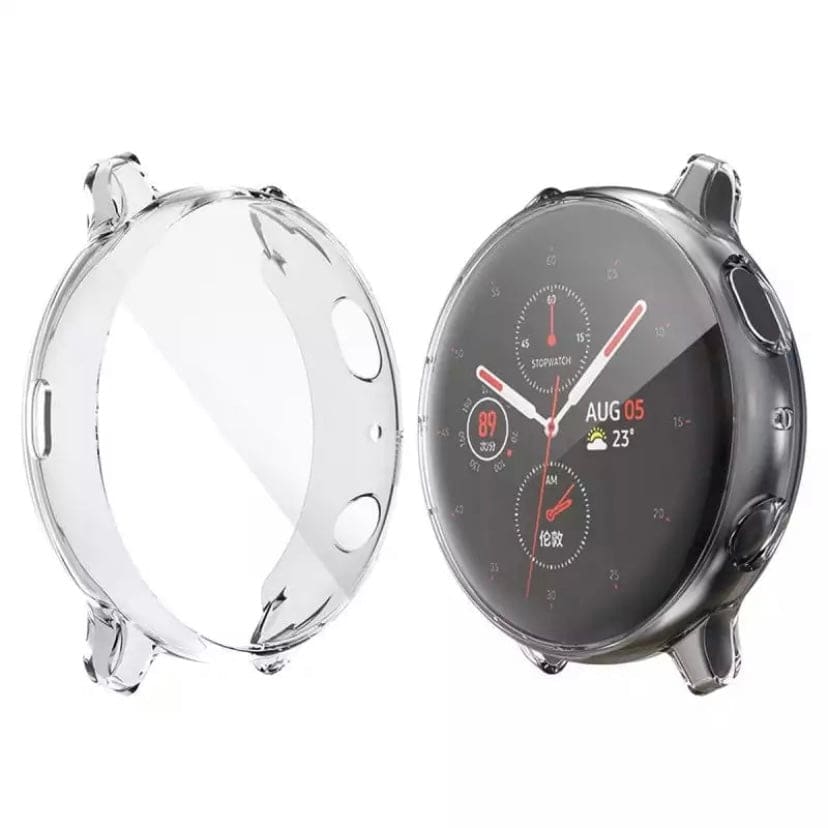 Clear protective case for Samsung Galaxy Watch Active 2 40mm, made by That Watch Shop, shown on a watch with a snug fit.
