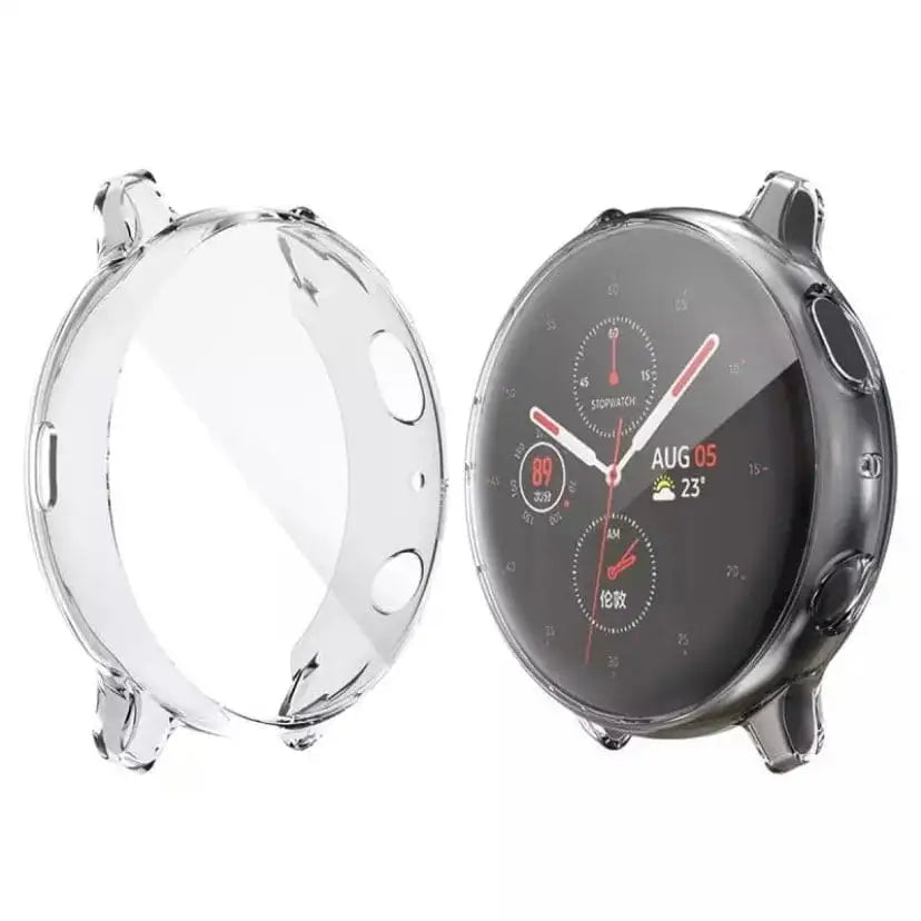 Clear protective case for Samsung Galaxy Watch Active 2 40mm by Habicare, showing the transparent watch cover with precise cutouts.
