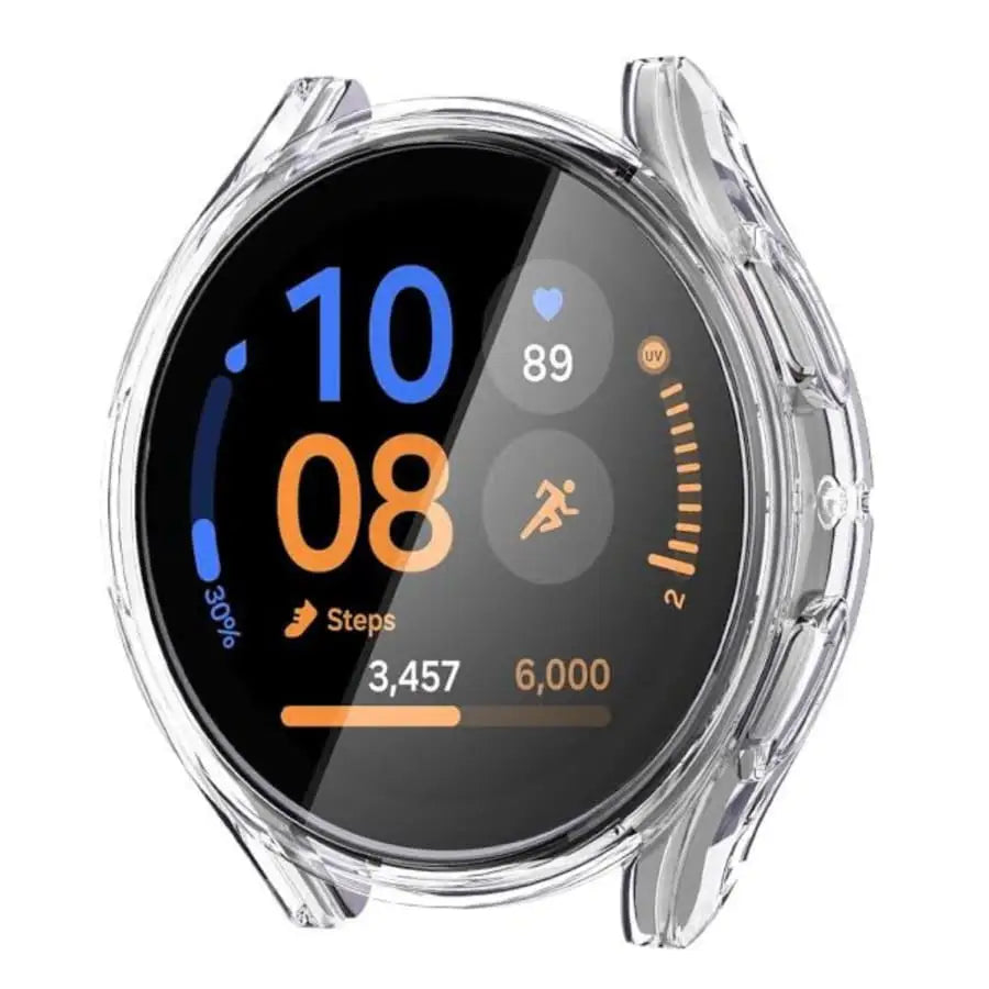Clear Habicare protective case for Samsung Galaxy Watch FE 40mm, showcasing a snug fit and durable design for the smartwatch.