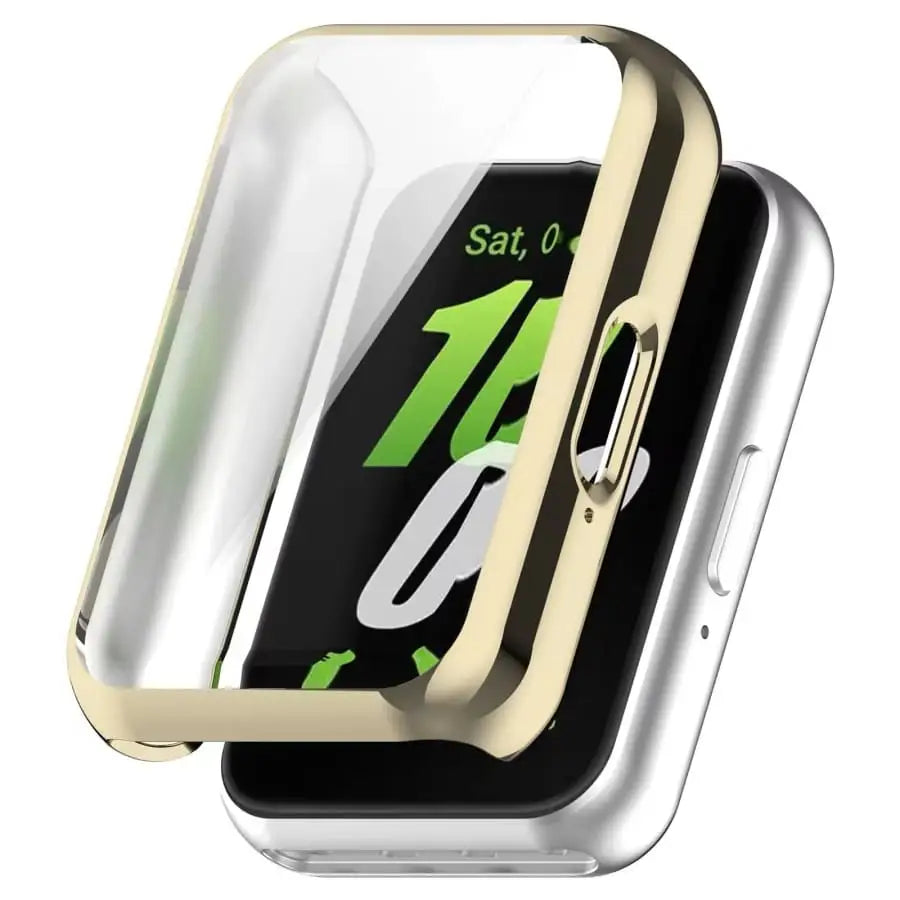 Gold protective case for Samsung Galaxy Watch Fit 3 by Habicare, showing the sleek design and fit on the smartwatch.