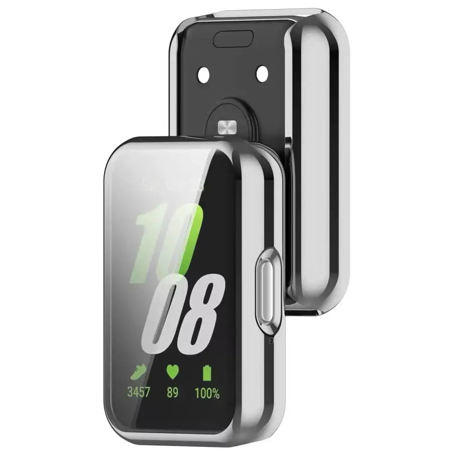 Silver Habicare protective case for Samsung Galaxy Watch Fit 3, showing a sleek, durable watch case covering the device.