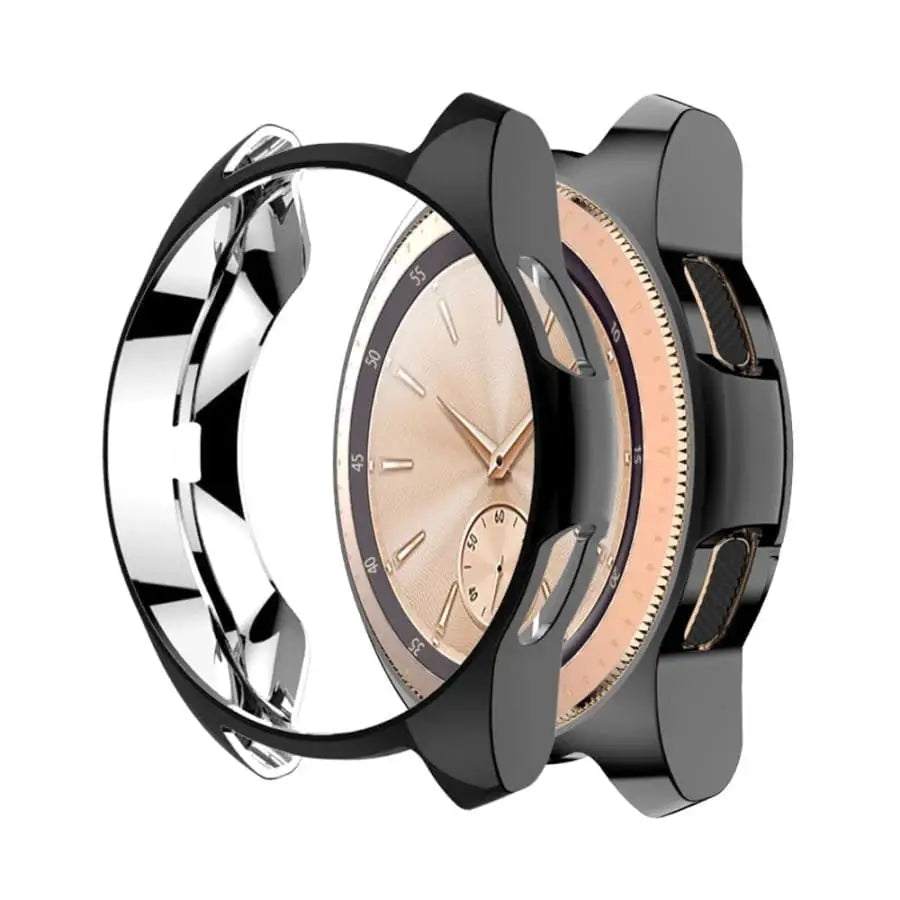 Black Habicare protective case for Samsung Galaxy Watch Gear S3, showing the durable, slim watch cover on the device.
