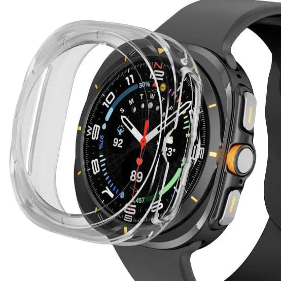 Clear Habicare protective case for Samsung Galaxy Watch Ultra 47mm, showcasing the watch with a transparent cover.