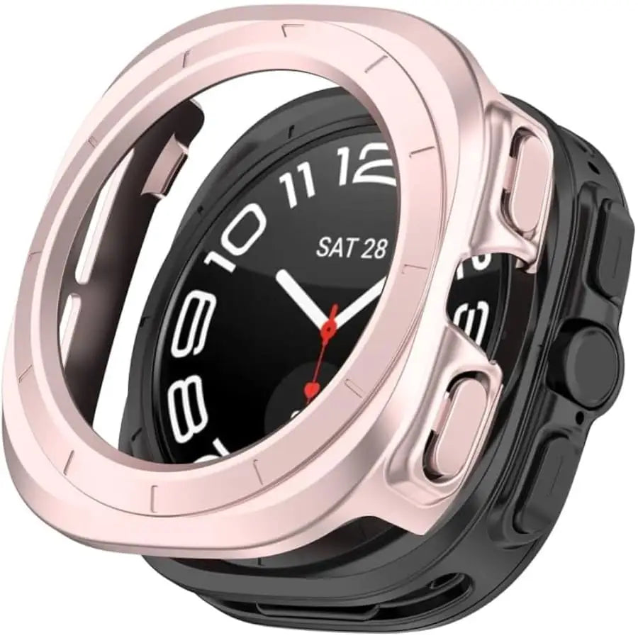 Habicare protective case for Samsung Galaxy Watch Ultra 47mm in rose gold, showing the watch with the case fitted.