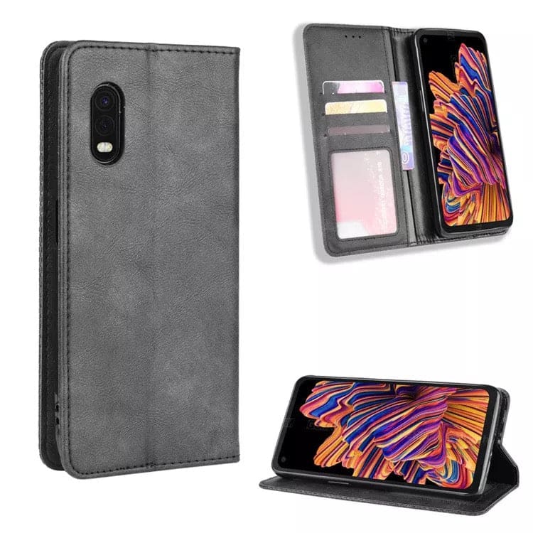 Grey 9eight5 wallet case for Samsung Galaxy Xcover Pro, featuring card slots and protective cover for the phone.