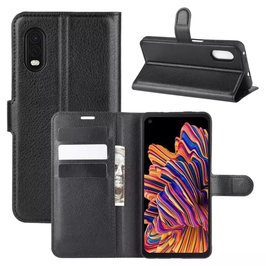 Black wallet case for Samsung Galaxy Xcover Pro by 9eight5, featuring card slots and a protective flip cover.