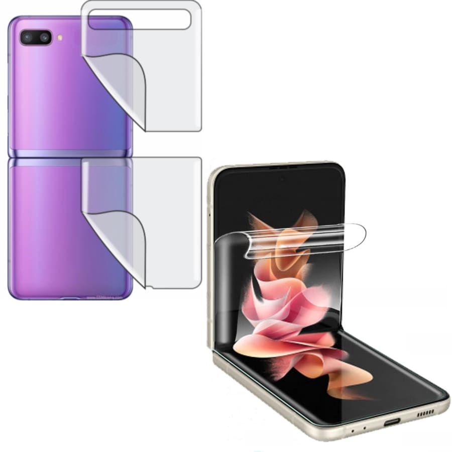 Hydrogel screen protector for Samsung Galaxy Z Flip 2 by 9eight5, showing the clear, flexible film covering the phone screen.