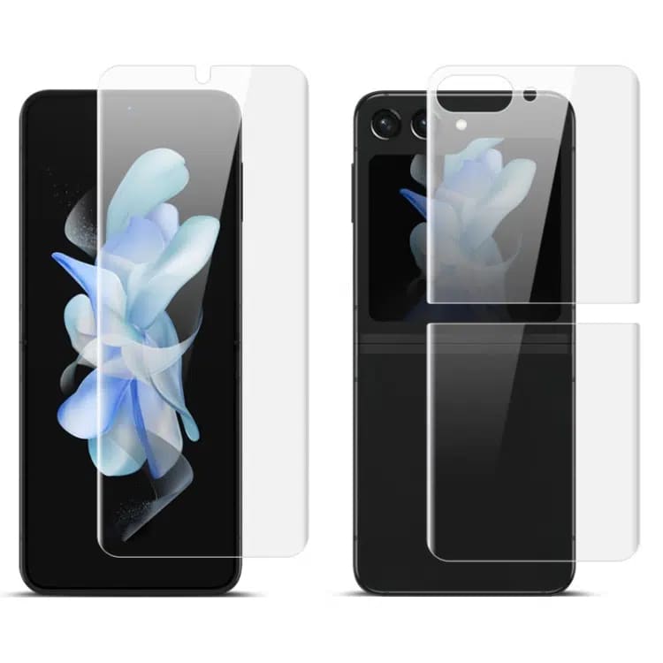 9eight5 Samsung Galaxy Z Flip 5 screen protectors, 3-in-1 pack, clear tempered glass protectors for front and cover screens.