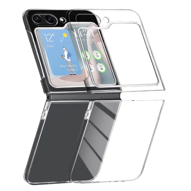 Clear Samsung Galaxy Z Flip 5 phone case by 9eight5 showing transparent flexible material and precise cutouts for buttons and camera.