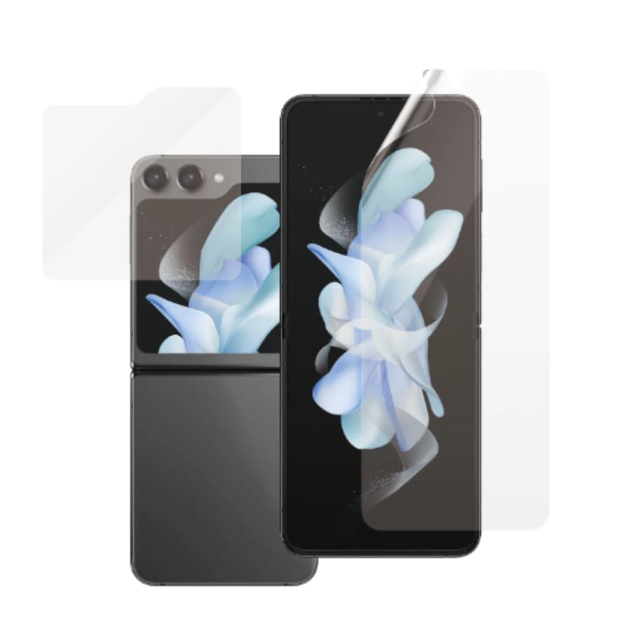 Hydrogel screen protector for Samsung Galaxy Z Flip7 FE by 9eight5, shown as a clear protective layer on the phone screen in a pack of two.