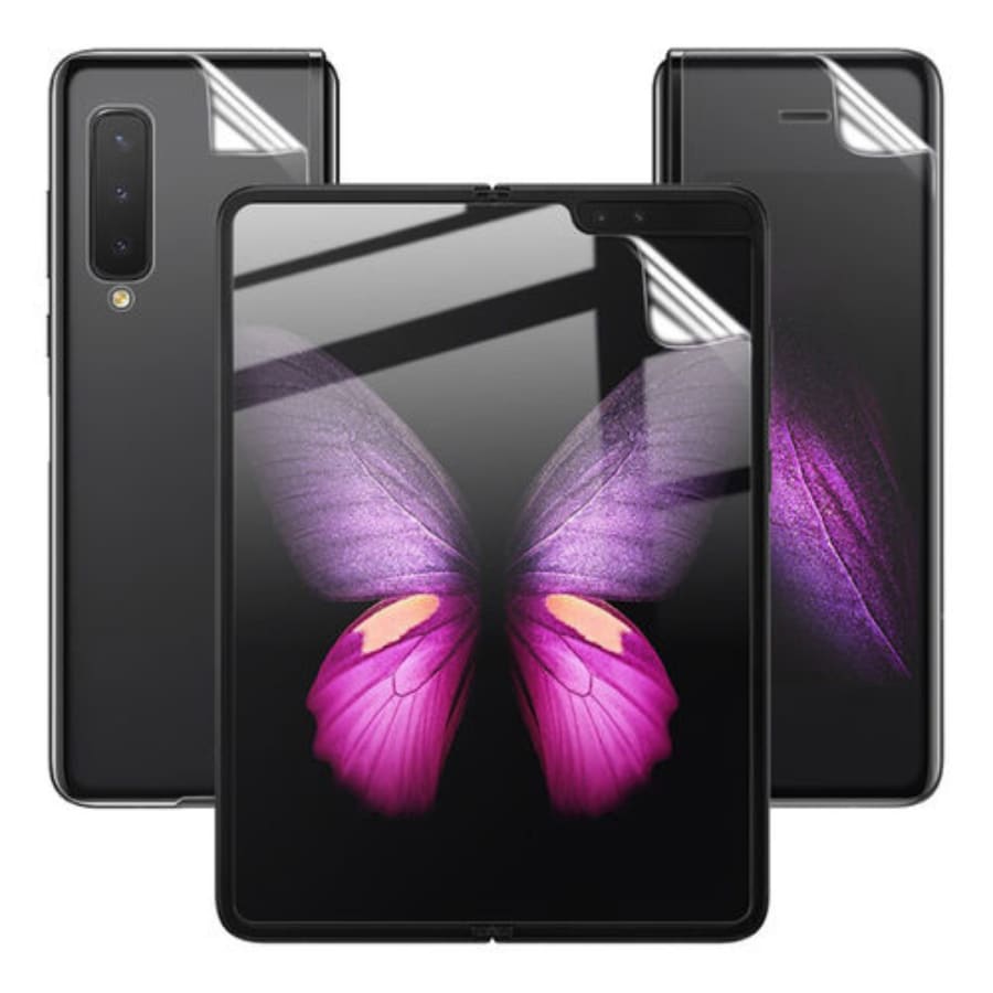Two 9eight5 hydrogel screen protectors for Samsung Galaxy Z Fold 1, protecting the foldable phone’s display.