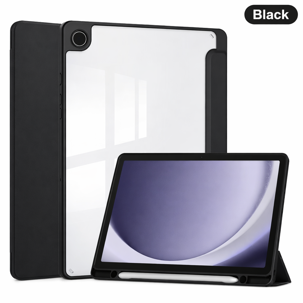 Samsung Galaxy Tab A11+ clear acrylic case by TechPlus showing front view, shockproof design with built-in stand.
