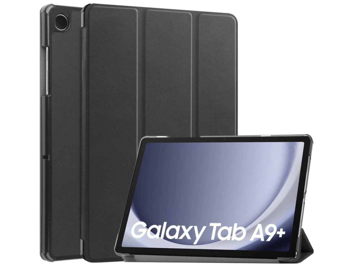 Samsung Galaxy Tab A9+ tri-fold protective case with slim stand cover, shockproof design, featuring a front view of the TechPlus case.