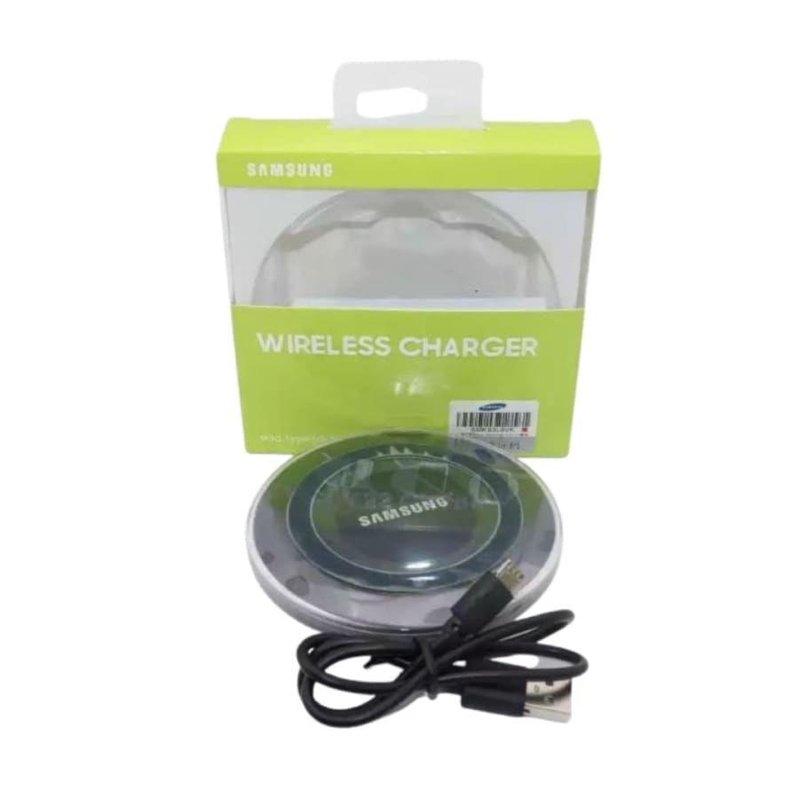 Black 9eight5 wireless charger for Samsung smartphones, compact electronic accessory with a sleek design.