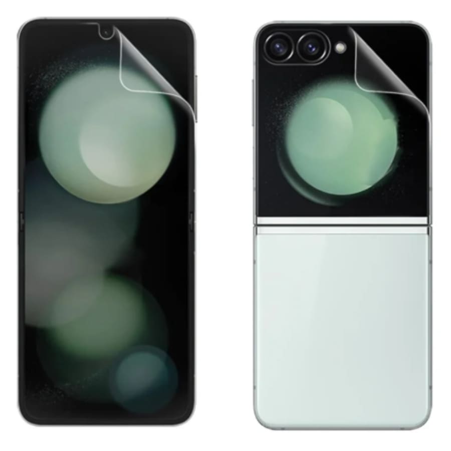 Two 9eight5 hydrogel screen protectors for Samsung Z Flip 7, showing clear, flexible film covering the phone's foldable screen.
