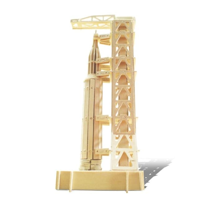 Detailed 3D puzzle of Saturn V rocket by 9eight5, showing the assembled model with realistic features and intricate design details.