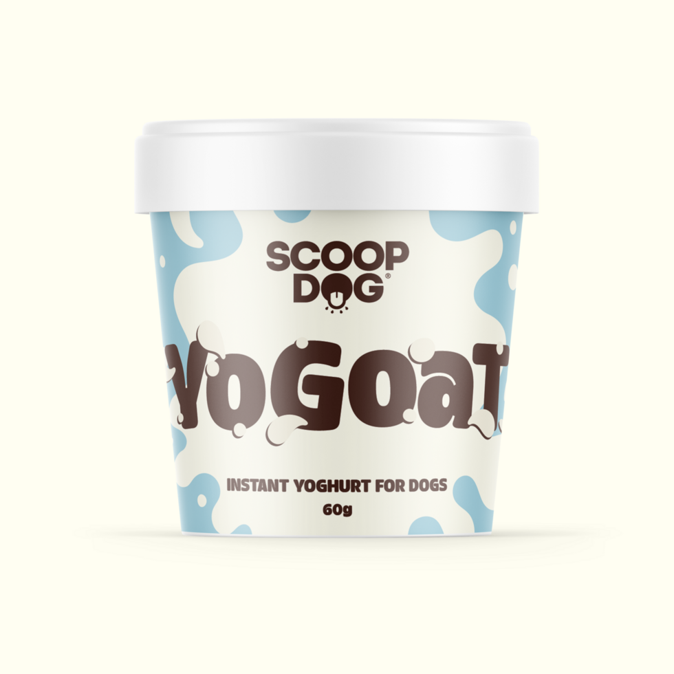 Scoop Dog YoGoat goat yoghurt mix in a white scoop with label, Animal Addiction Limited branding visible.
