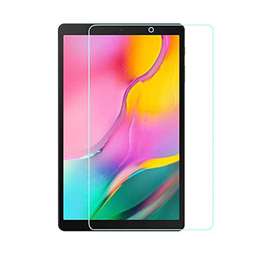 9eight5 screen protector for Samsung Galaxy Tab A 10.1” (2019) T510/T515, showing clear glass and packaging in the image.