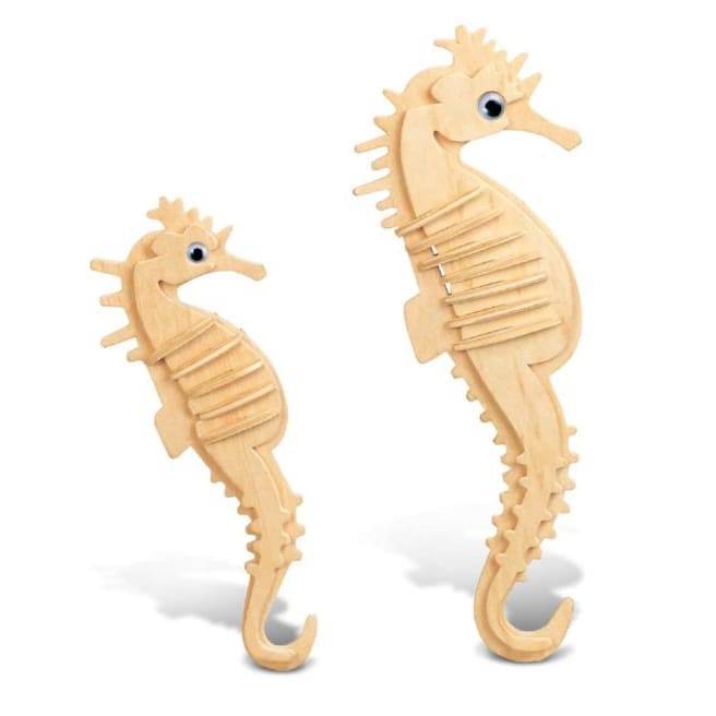 Colorful 3D sea horse puzzle by 9eight5, showcasing detailed plastic pieces assembled into a realistic sea horse figure.