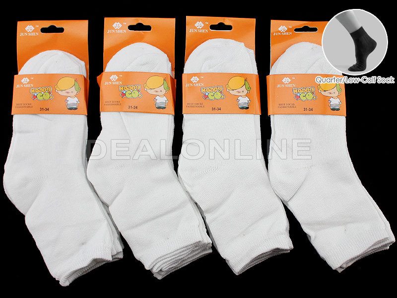 Set of 12 white kids' crew socks for ages 4-7, thin cotton fabric, by dealonlinenz, ideal for everyday wear.