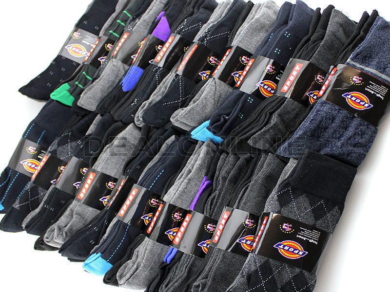Assorted dealonline.co.nz crew business socks with patterned designs, displayed in a box of multiple pairs for wholesale purchase.