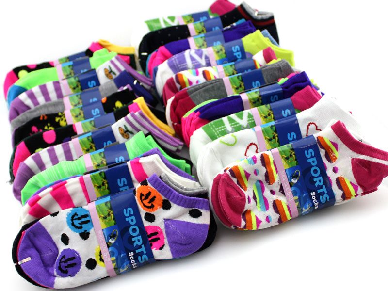 Pair of dealonlinenz women's ankle socks featuring colorful stripe patterns, displayed in a neat bundle.