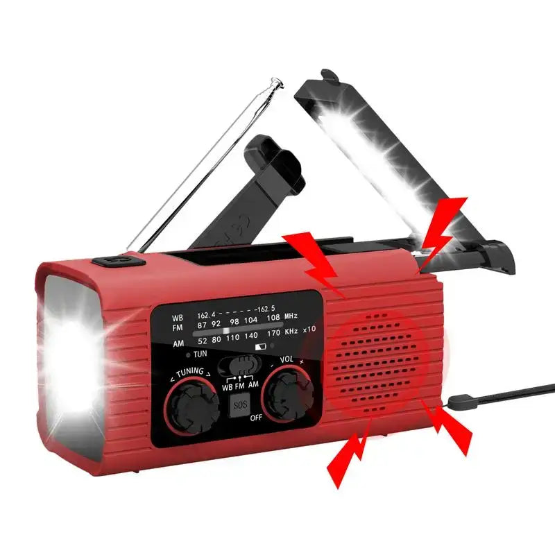 Habicare solar powered hand crank survival radio with AM/FM, NOAA weather, and built-in flashlight for emergency use