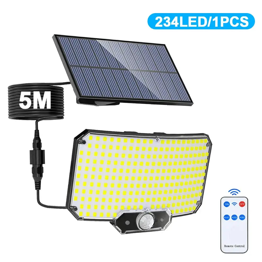 Habicare SS solar security light with motion sensor, waterproof outdoor LED security lamp with 234 LEDs, weather-resistant design.