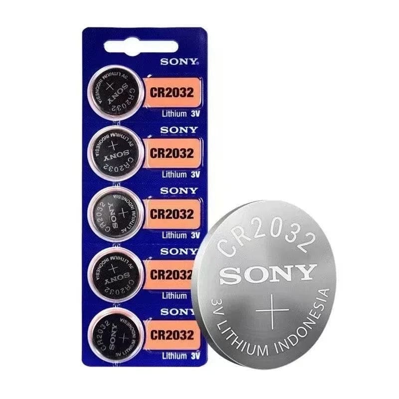 Five Sony CR2032 watch batteries in a pack, compact and lightweight, ideal for powering wristwatches and small electronic devices.
