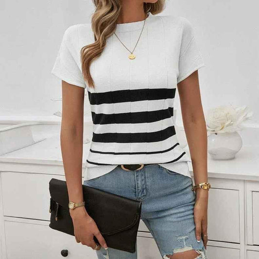 Black Coastline Stripe Sweater from Stylish 3Sixty5, a cozy knit top with bold stripe pattern and classic crew neckline.