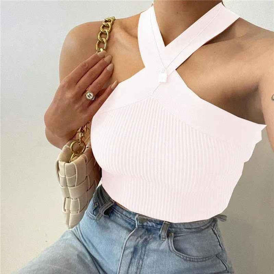 Black women's silhouette stretch halter top by Stylish 3Sixty5, featuring a fitted design and halter neckline, shown on a white background.