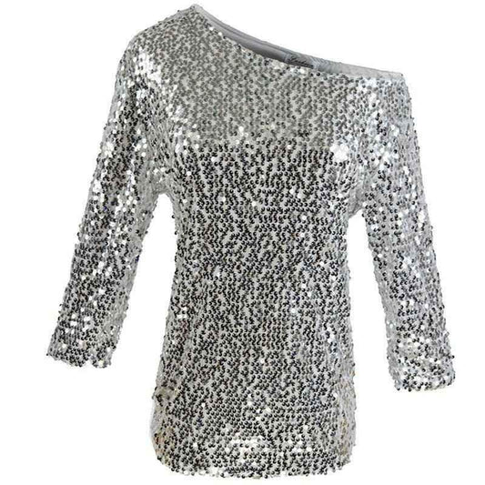 Pink Glam Sequin Shoulder Top from Stylish 3Sixty5 featuring shiny sequins and stylish shoulder design.