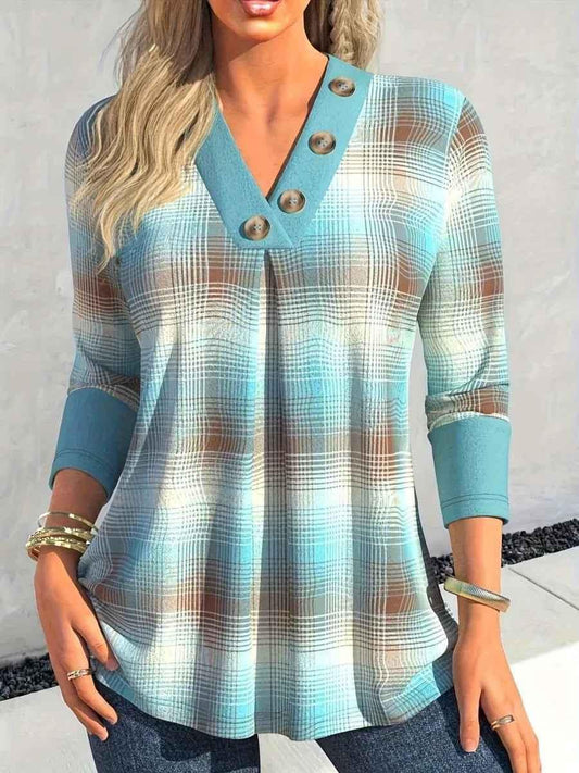 Pink women's Seraph V-Line button-knit top by Stylish 3Sixty5, featuring a V-neck and button details, stylish and comfortable.