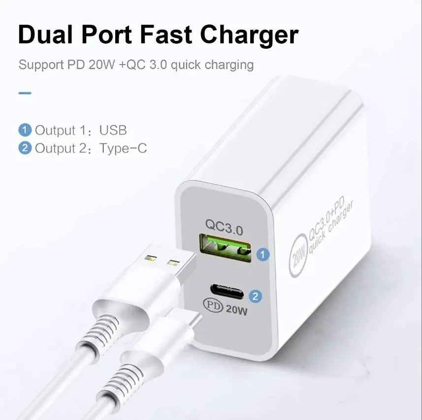 Techplus 20W fast wall charger with USB-C PD port and Type-C cable for quick device charging.