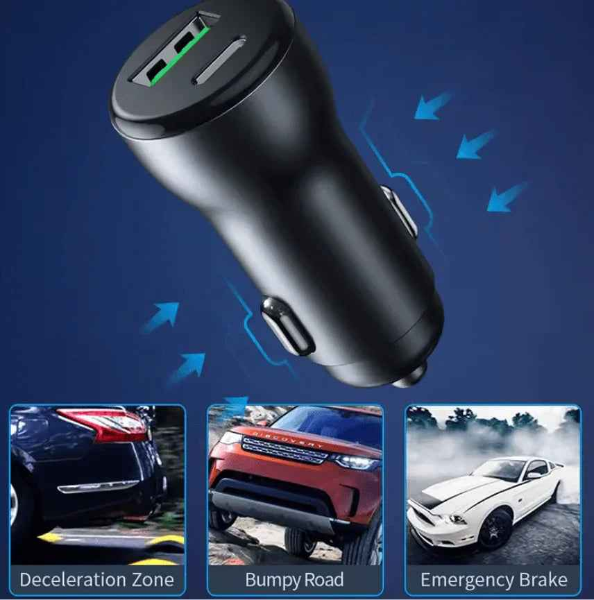 Techplus car charger with Type-C and USB ports for fast charging mobile devices, compact and versatile automotive power adapter.