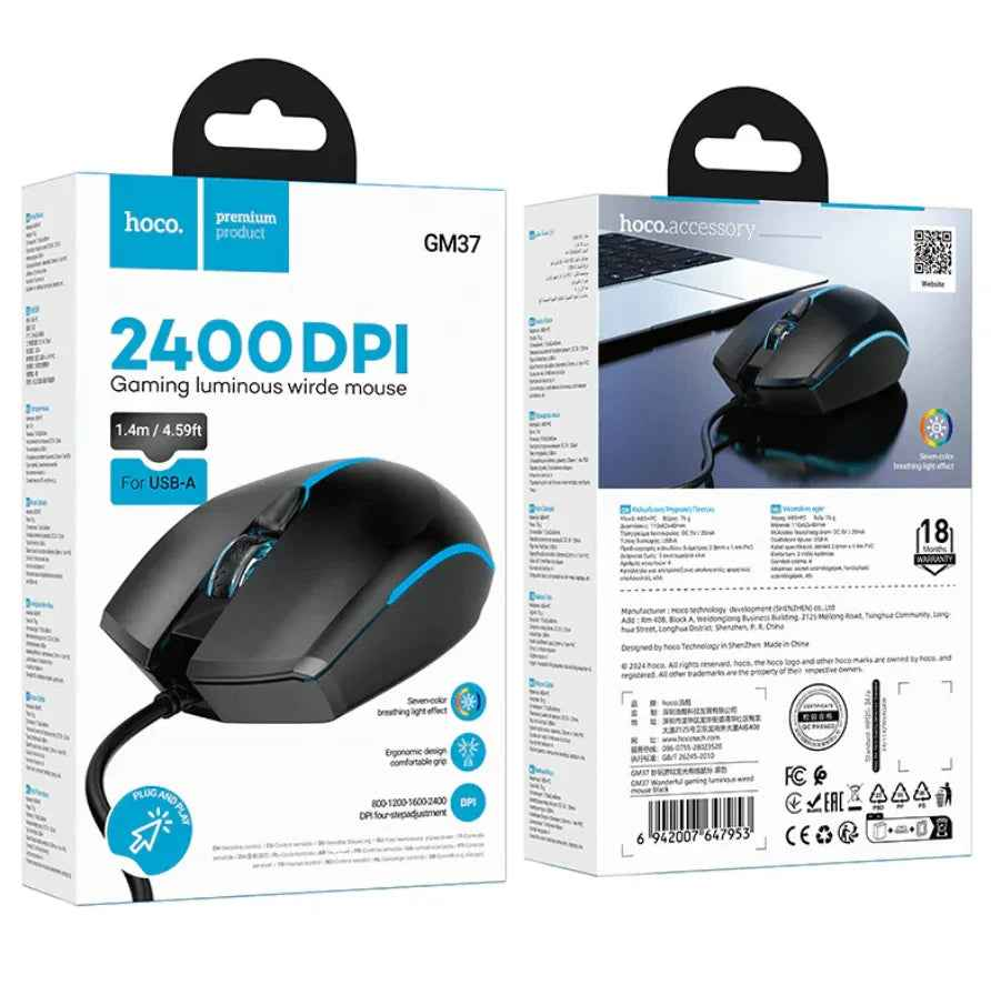 Techplus Hoco GM37 RGB wired gaming mouse with 2400 DPI, featuring customizable lighting and ergonomic design for gaming comfort.